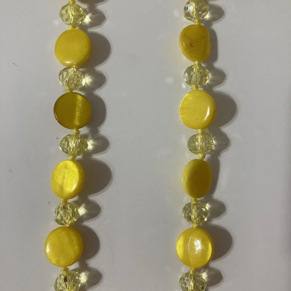 Long Yellow Round Disc Transparent Beaded Cord Necklace Bohemian Lobster Clasp